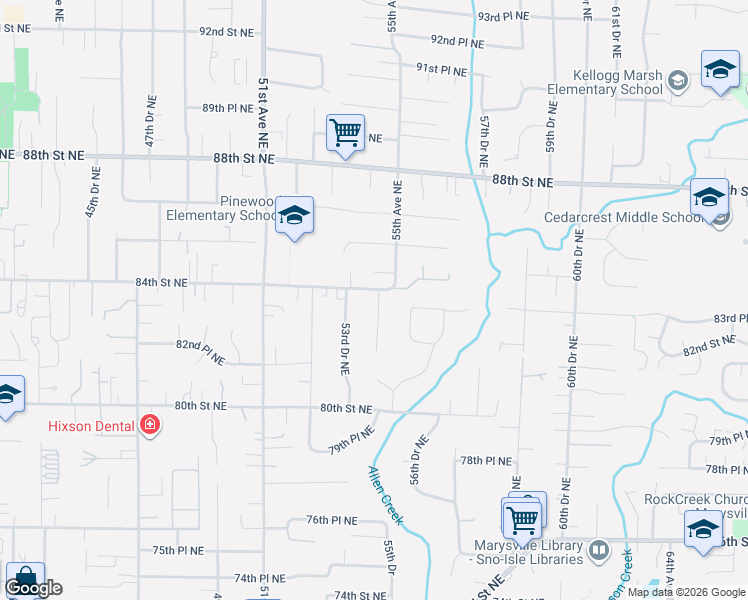 map of restaurants, bars, coffee shops, grocery stores, and more near 8308 54th Street Northeast in Marysville