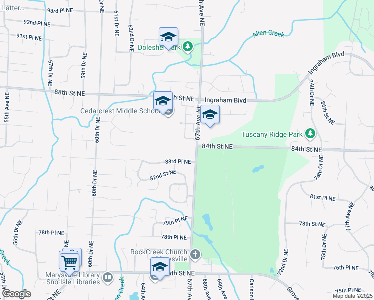 map of restaurants, bars, coffee shops, grocery stores, and more near 8521 67th Avenue Northeast in Marysville