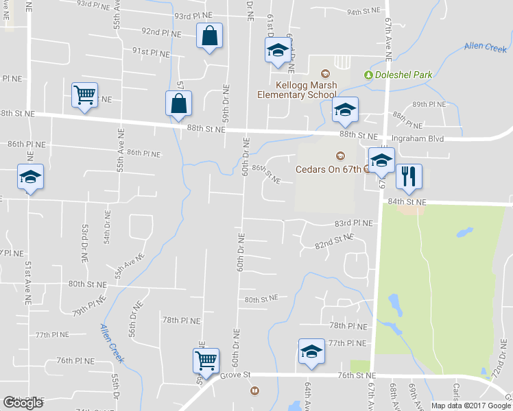 map of restaurants, bars, coffee shops, grocery stores, and more near 6108 84th Place Northeast in Marysville