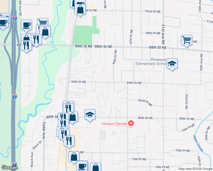 map of restaurants, bars, coffee shops, grocery stores, and more near 4424 84th Street Northeast in Marysville