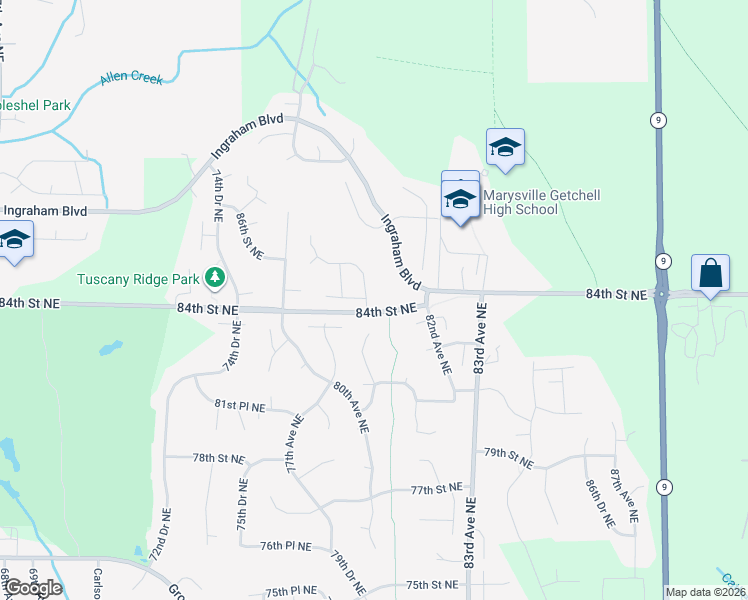 map of restaurants, bars, coffee shops, grocery stores, and more near 8505 79th Avenue Northeast in Marysville