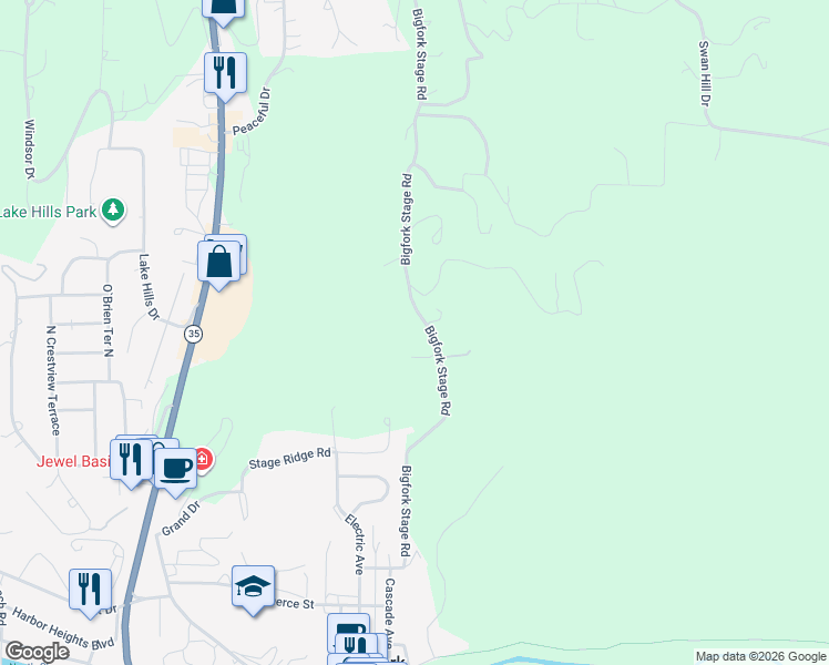 map of restaurants, bars, coffee shops, grocery stores, and more near 1050 Bigfork Stage Rd in Bigfork