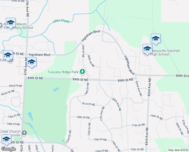 map of restaurants, bars, coffee shops, grocery stores, and more near 7506 84th Place Northeast in Marysville