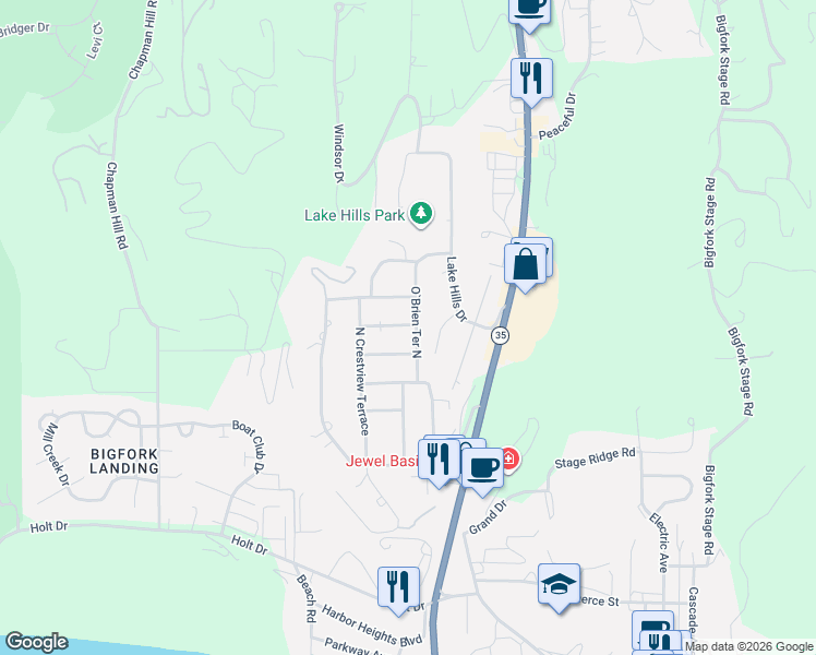 map of restaurants, bars, coffee shops, grocery stores, and more near 34 Mackenzie Lane in Bigfork