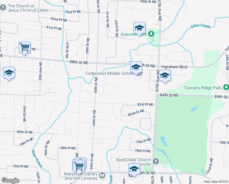 map of restaurants, bars, coffee shops, grocery stores, and more near 6209 84th Place Northeast in Marysville