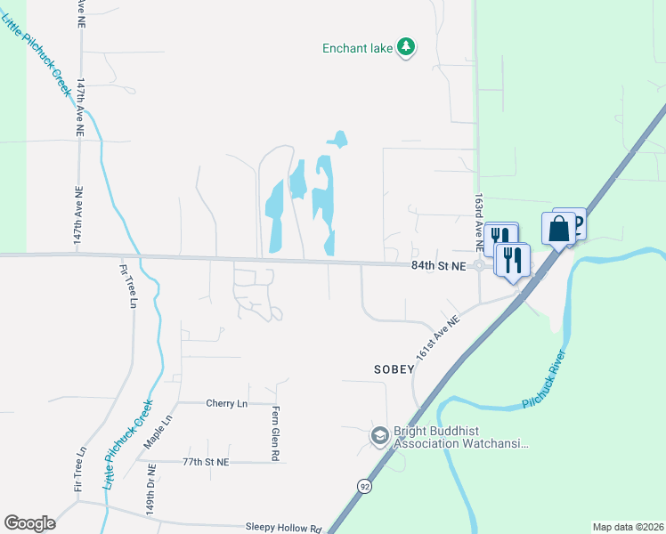 map of restaurants, bars, coffee shops, grocery stores, and more near 15802 84th Street Northeast in Lake Stevens