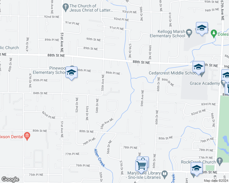 map of restaurants, bars, coffee shops, grocery stores, and more near 8405 55th Avenue Northeast in Marysville