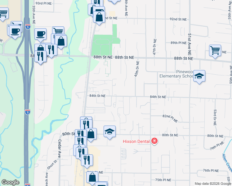 map of restaurants, bars, coffee shops, grocery stores, and more near 4309 84th Street Northeast in Marysville