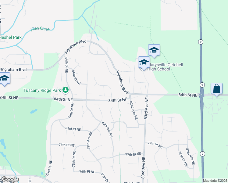 map of restaurants, bars, coffee shops, grocery stores, and more near 8505 79th Avenue Northeast in Marysville