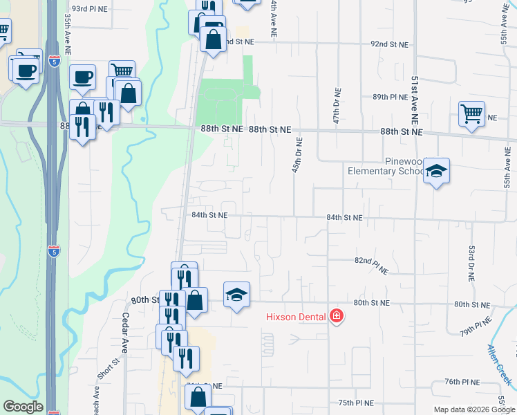 map of restaurants, bars, coffee shops, grocery stores, and more near 4321 84th Street Northeast in Marysville