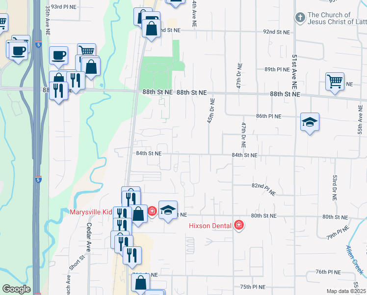 map of restaurants, bars, coffee shops, grocery stores, and more near 4321 84th Street Northeast in Marysville