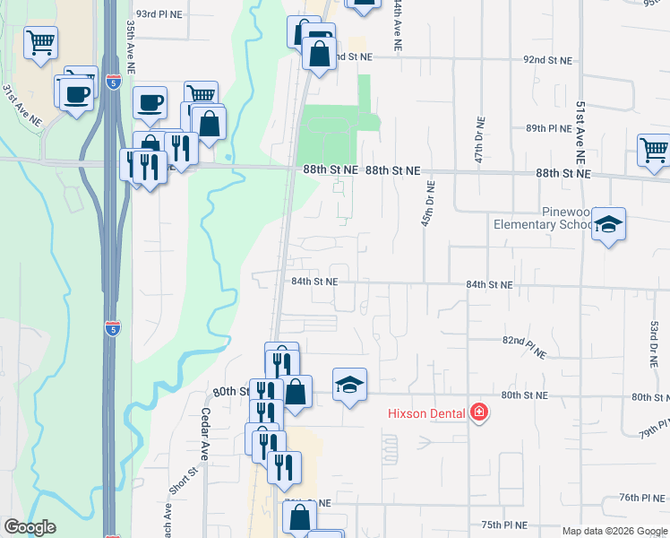 map of restaurants, bars, coffee shops, grocery stores, and more near 8402 42nd Drive Northeast in Marysville