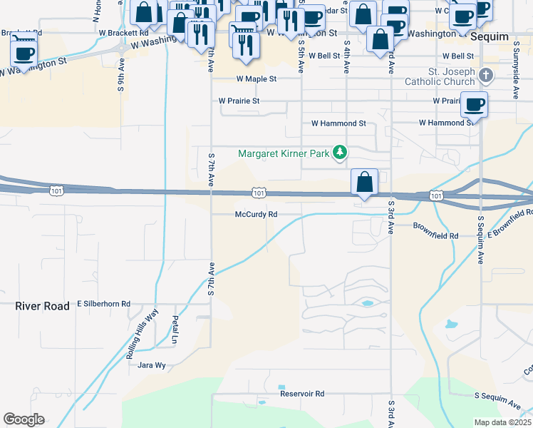 map of restaurants, bars, coffee shops, grocery stores, and more near McCurdy Road in Sequim