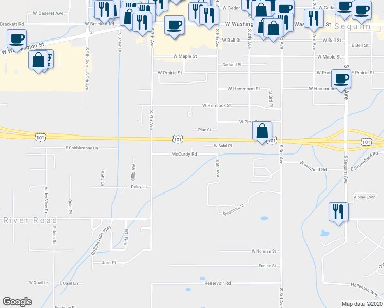 map of restaurants, bars, coffee shops, grocery stores, and more near 798 5th Place in Sequim