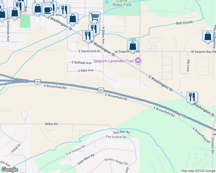 map of restaurants, bars, coffee shops, grocery stores, and more near 484 South Still Road in Sequim