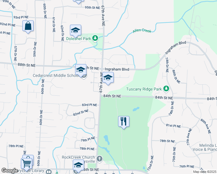 map of restaurants, bars, coffee shops, grocery stores, and more near 8521 67th Ave NE in Marysville