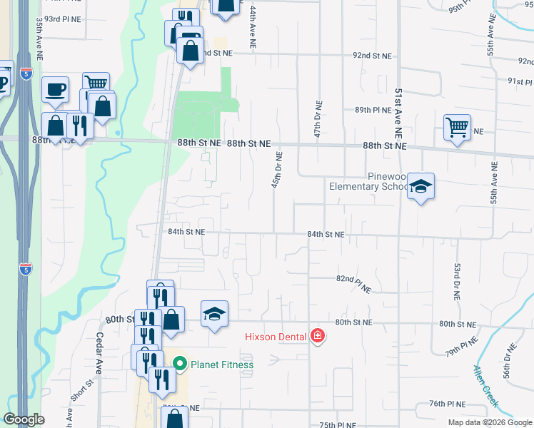 map of restaurants, bars, coffee shops, grocery stores, and more near 4431 84th Street Northeast in Marysville