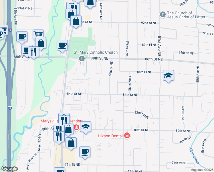 map of restaurants, bars, coffee shops, grocery stores, and more near 8432 45th Drive Northeast in Marysville