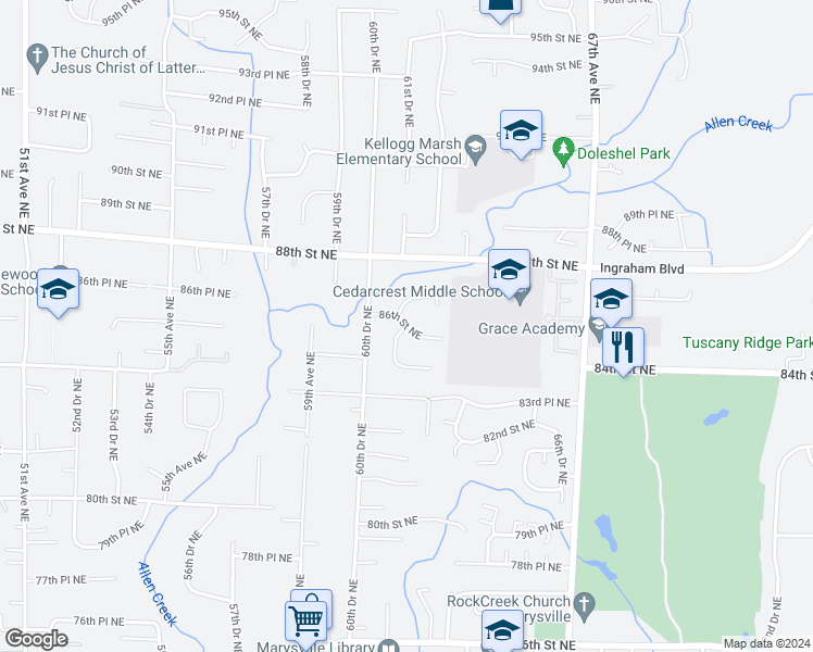 map of restaurants, bars, coffee shops, grocery stores, and more near 6125 86th Street Northeast in Marysville