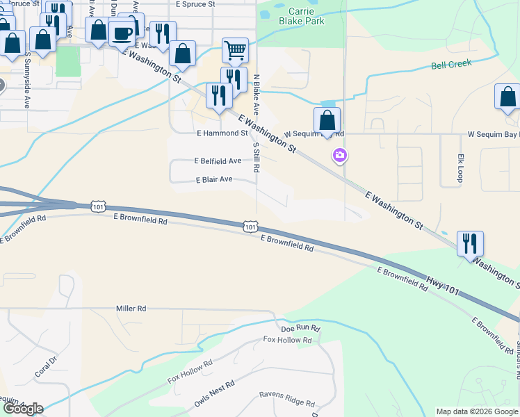 map of restaurants, bars, coffee shops, grocery stores, and more near 41 Foxfire Lane in Sequim