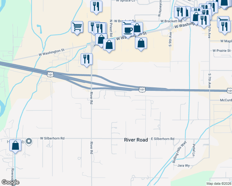 map of restaurants, bars, coffee shops, grocery stores, and more near 180 Marlo Drive in Sequim
