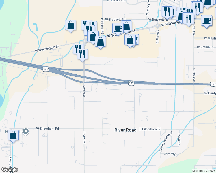 map of restaurants, bars, coffee shops, grocery stores, and more near 180 Marlo Drive in Sequim