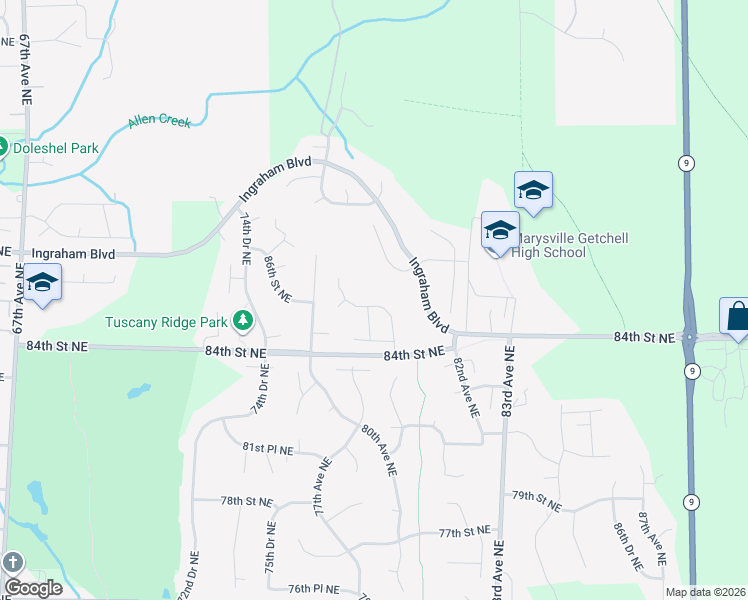 map of restaurants, bars, coffee shops, grocery stores, and more near 7807 87th Street Northeast in Marysville