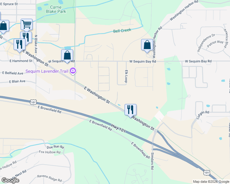 map of restaurants, bars, coffee shops, grocery stores, and more near 1400 East Washington Street in Sequim