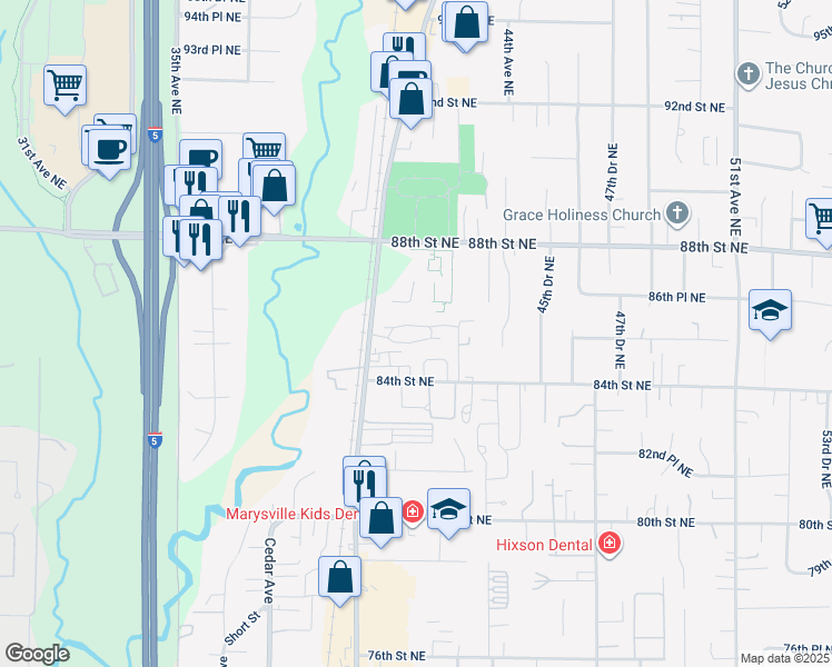 map of restaurants, bars, coffee shops, grocery stores, and more near 8607 State Avenue in Marysville