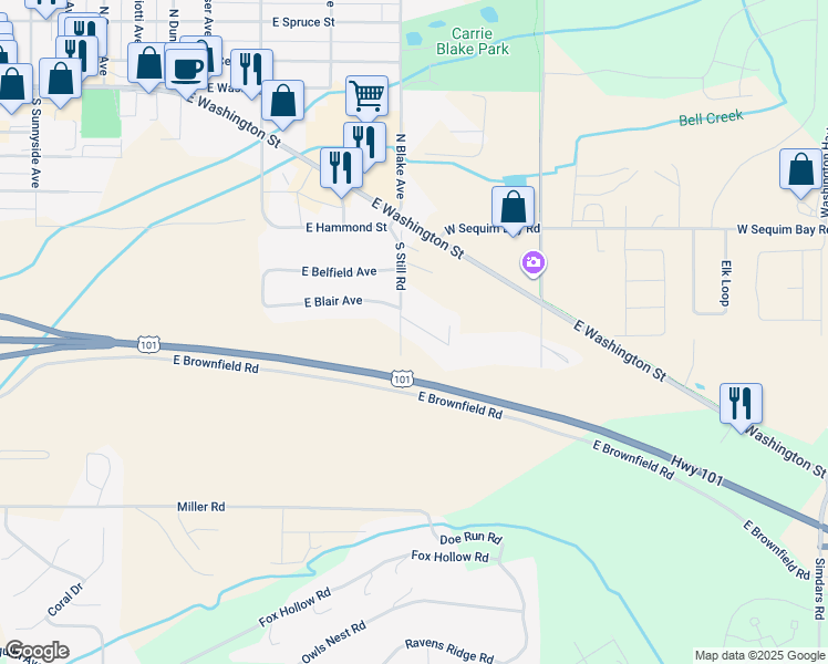 map of restaurants, bars, coffee shops, grocery stores, and more near 41 Foxfire Lane in Sequim