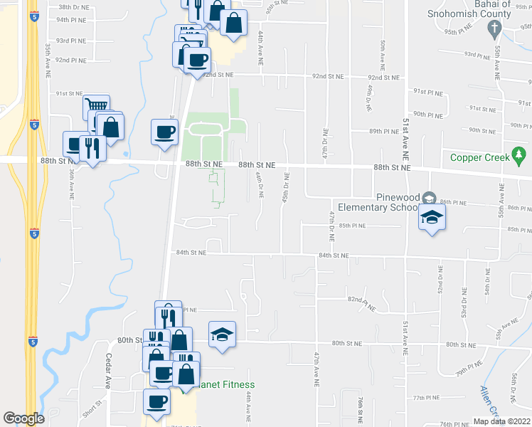 map of restaurants, bars, coffee shops, grocery stores, and more near 8525 44th Drive Northeast in Marysville