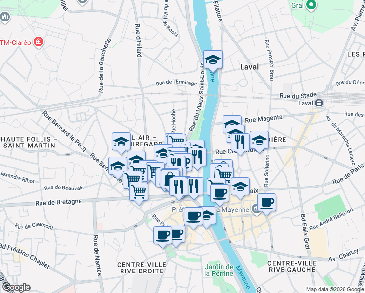 map of restaurants, bars, coffee shops, grocery stores, and more near 1 Rue Félix Faure in Laval