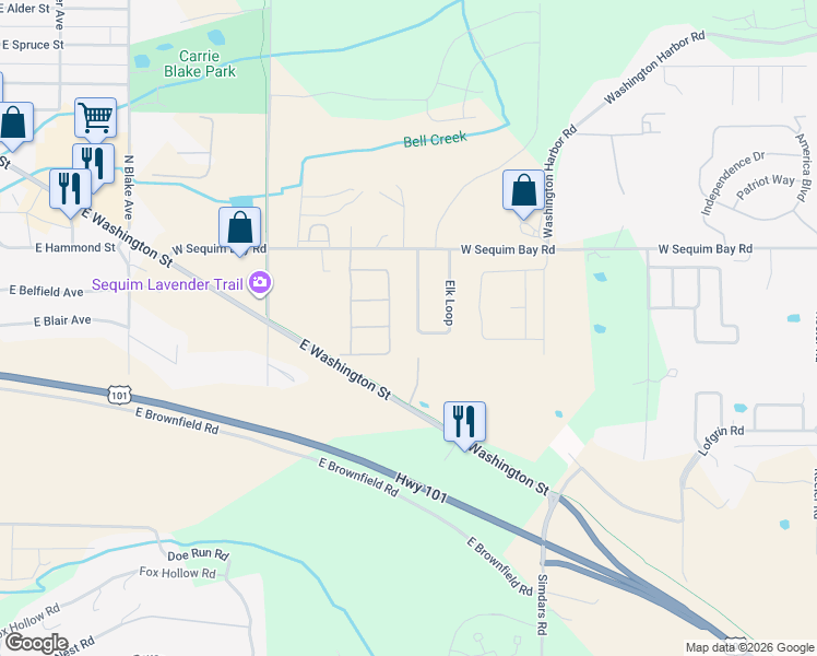 map of restaurants, bars, coffee shops, grocery stores, and more near 1400 East Washington Street in Sequim