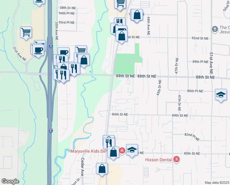 map of restaurants, bars, coffee shops, grocery stores, and more near 8607 State Avenue in Marysville