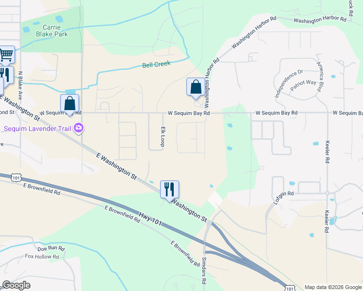 map of restaurants, bars, coffee shops, grocery stores, and more near 340 Blue Glacier Loop in Sequim