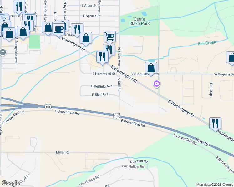 map of restaurants, bars, coffee shops, grocery stores, and more near 951 East Blair Avenue in Sequim