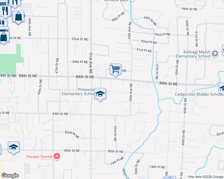 map of restaurants, bars, coffee shops, grocery stores, and more near 5305 86th Place Northeast in Marysville