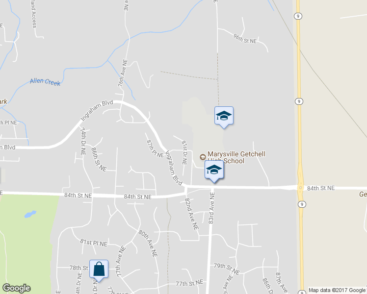 map of restaurants, bars, coffee shops, grocery stores, and more near 8105 88th St NE in Marysville