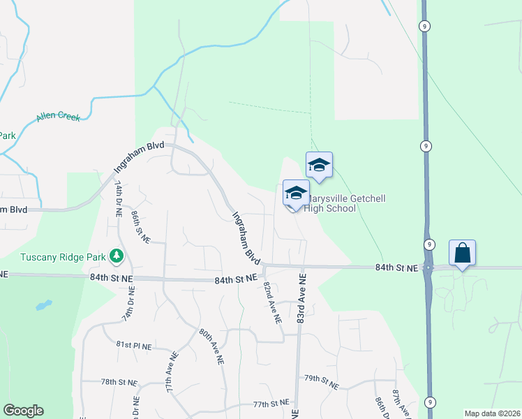 map of restaurants, bars, coffee shops, grocery stores, and more near 8105 88th Street Northeast in Marysville
