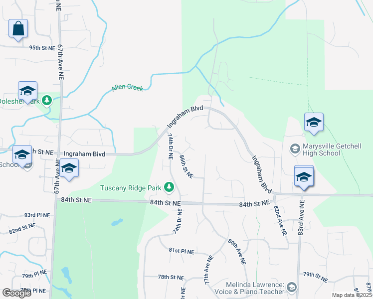map of restaurants, bars, coffee shops, grocery stores, and more near 8716 75th Drive Northeast in Marysville