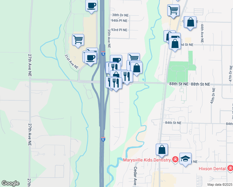 map of restaurants, bars, coffee shops, grocery stores, and more near 8628 36th Avenue Northeast in Marysville