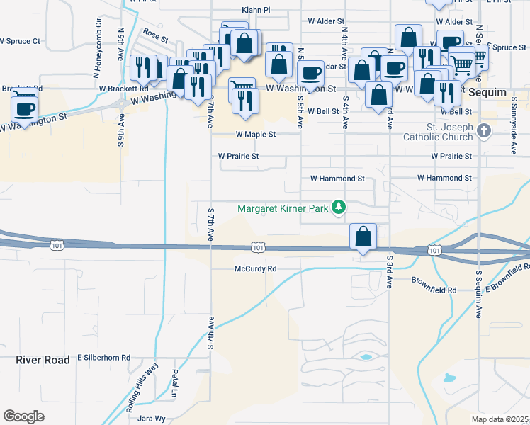 map of restaurants, bars, coffee shops, grocery stores, and more near 631 O'lallee Lane in Sequim
