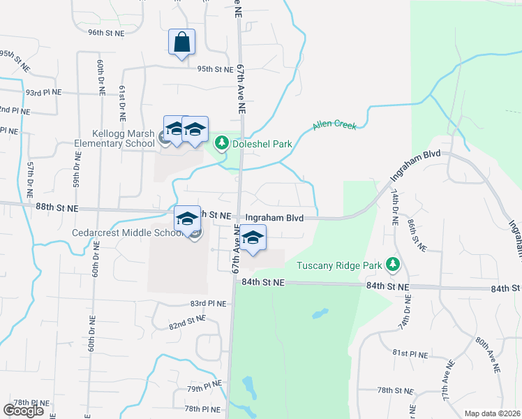 map of restaurants, bars, coffee shops, grocery stores, and more near 6726 88th Place Northeast in Marysville