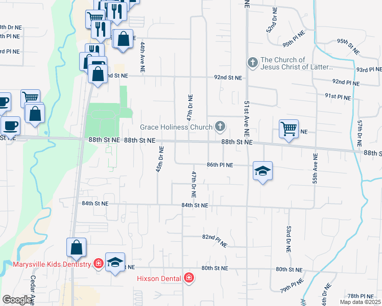 map of restaurants, bars, coffee shops, grocery stores, and more near 4632 88th Street Northeast in Marysville