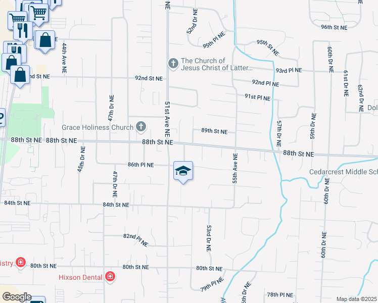 map of restaurants, bars, coffee shops, grocery stores, and more near 8719 52nd Avenue Northeast in Marysville