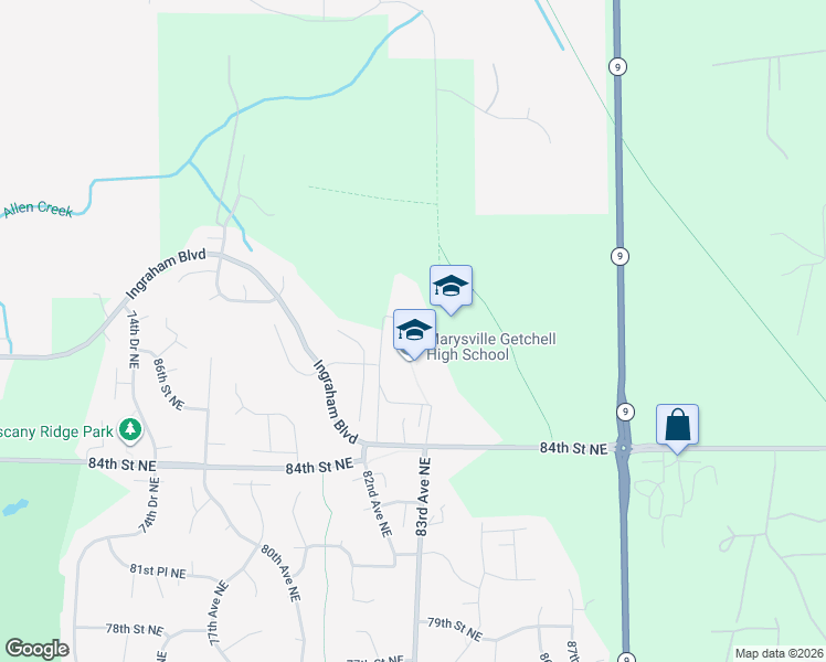map of restaurants, bars, coffee shops, grocery stores, and more near 8301 84th St NE in Marysville