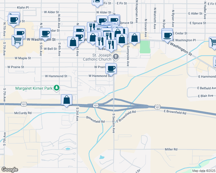 map of restaurants, bars, coffee shops, grocery stores, and more near 127 West Hemlock Street in Sequim