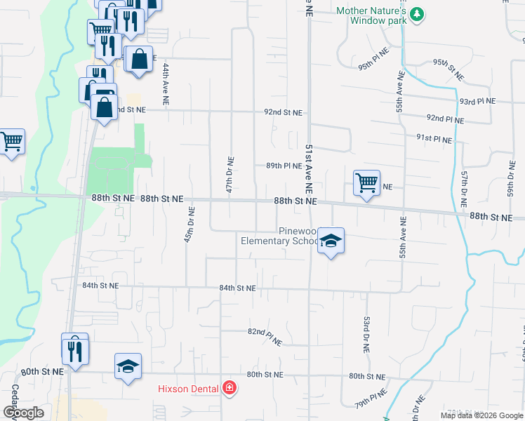map of restaurants, bars, coffee shops, grocery stores, and more near 8717 48th Drive Northeast in Marysville