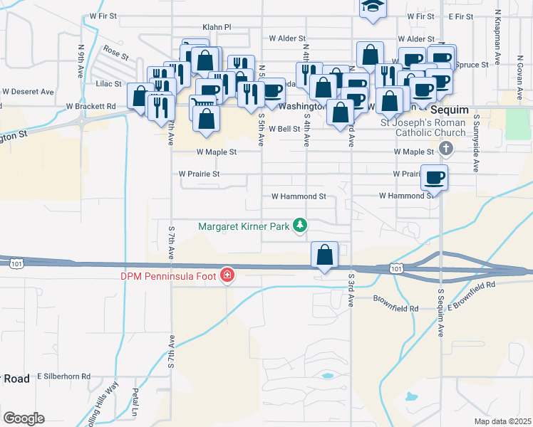 map of restaurants, bars, coffee shops, grocery stores, and more near 492 West Hemlock Street in Sequim