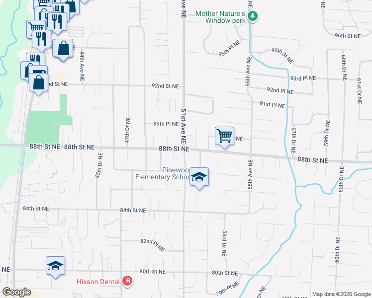 map of restaurants, bars, coffee shops, grocery stores, and more near 5118 88th Street Northeast in Marysville